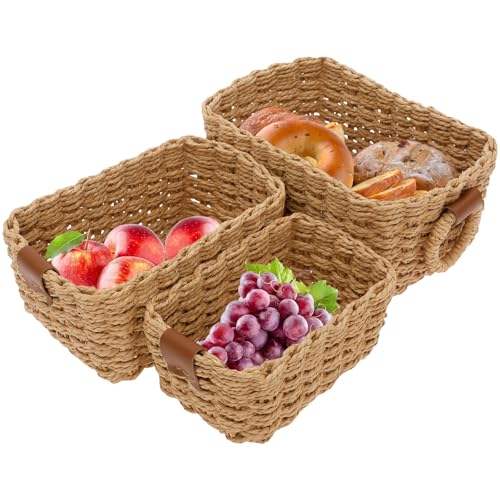harupink 3 cestas de almacenamiento tejidas a mano de hierba, cesta rectangular trenzada, 3 tamaños, hermosas cestas duraderas para baño, salón, cocina, 23 × 18 × 12 cm
