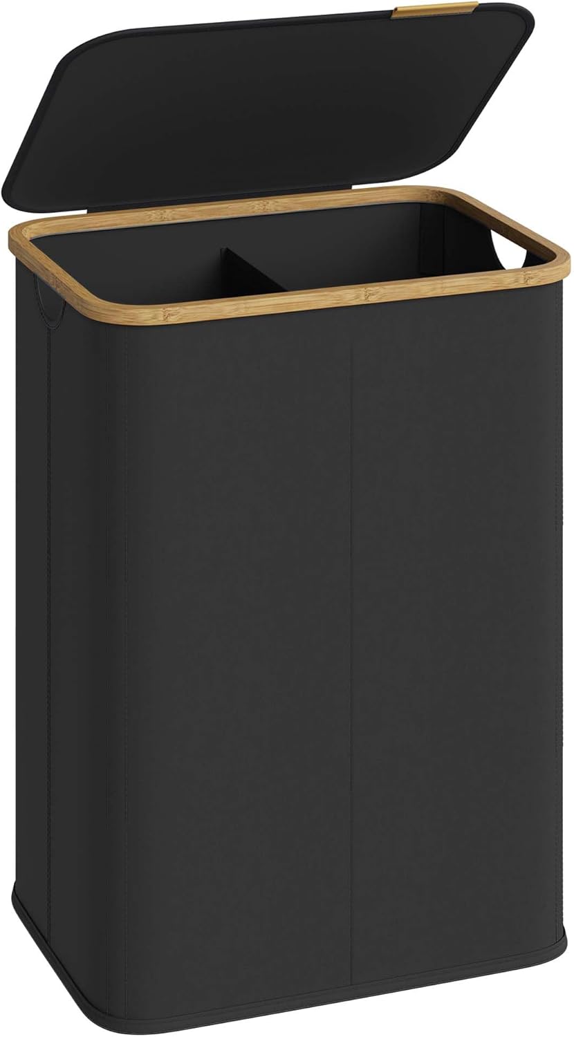 SONGMICS Laundry Hamper, Laundry Basket with Lid, Foldable Storage Basket, Bamboo Frame, for Bedroom, Living Room, Oxford Fabric, 37 Gal. (140 L), Ink Black ULCB519BH01
