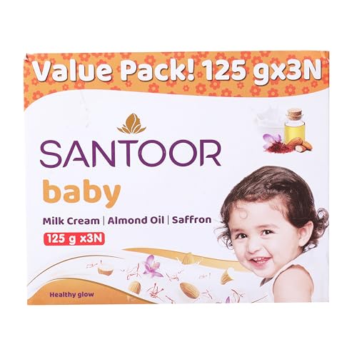 Image of Santoor Baby Bathing Soap with Milk Cream, Saffron, & Almond Oil, 125 g (Pack of 3)