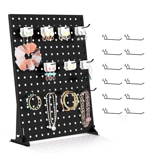 Urban Deco Portable & Adjustable Peg Board Display Stand | 17x13 Inch with 12 Hooks | Small Pegboard Quick-Setup, Metal Jewelry Organizer for Retail Stores, Craft Shows & Vendor Events (1-Pack, Black)