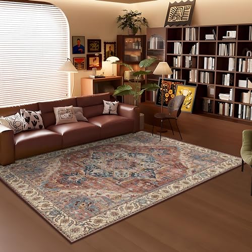 Deerly Washable Bedroom Area Rug 4x6 Indoor Thin Carpet for Living Room Boho Vintage Rug for Kitchen Entryway Dining Room Office Non-Slip Low Pile, Brickred/Multi