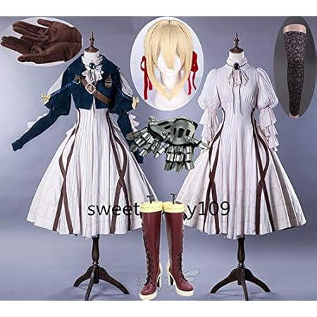 Amazon 豪華修正版 ヴァイオレット エヴァーガーデン風 ヴァイオレット エヴァーガーデン コスプレ衣装 靴下 髪飾り ウイッグ 道具 手甲 コスプレ 仮装 通販