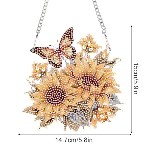 Image of AiYuanzsh Sunflower Butterfly Diamond Painting Hanging Ornament Kit - DIY 5D Crystal Art Suncatcher for Home Wall Window Decoration, Handmade Craft Gift for Adults