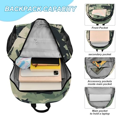 Camouflage Airplane Helicopter Tank Backpack with Lunch Bag for Boys Girls Kids Travel School Backpack Set4