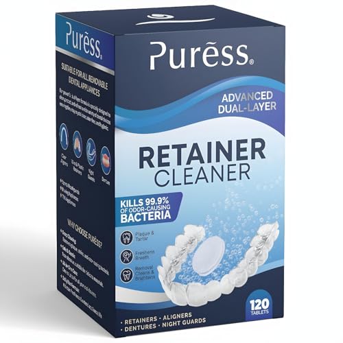 Retainer Cleaner Tablets 120 Tablets (4 Months Supply) Retainer Cleaning Tablets for Invisalign Aligners Dentures Mouth Guards & Gum Shields Fresh Brite and Stain-Free Formula - Puress