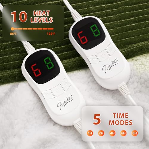Image of Homemate Electric Heated Blanket King Size - 100 inchx90 inch Heating Blanket King Size Dual Control 1 /2 /4 /6 /8 Hours Auto-Off 10 Heat Level Over-Heat Protection Soft Flannel Sherpa ETL Certification
