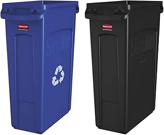 Rubbermaid Commercial Slim Jim Recycling Container, Plastic, 23 Gallons, Blue & FG354060BLA Commercial Slim Jim Receptacle with Venting Channels, Rectangular, Plastic, 23 Gallons, Black