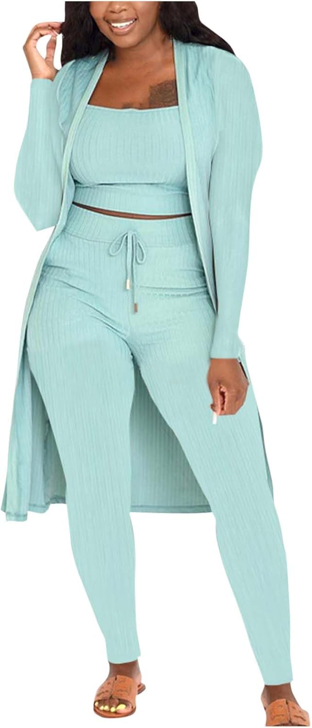 3 Piece Ribbed Lounge Sets for Women 2025 Fall Sweatsuit Outfit Open Front Cardigan Crop Tank Tops and Leggings Pants
