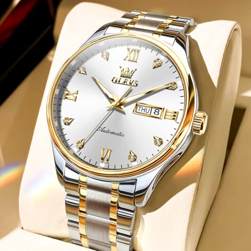 Image of OLEVS Automatic Watches for Men Self Winding Mechanical Classic Diamond Business Luxury Dress Stainless Steel Waterproof Calendar Mens Watch