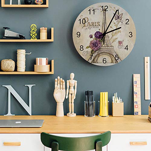 Analog Clock Small Digital Wall Wood Modern Alarm Clock Silent Non Ticking Battery Operate,Beige Architecture Paris Eiffel Tower Smart Gear Round 12 Inch Wall Clock Vintage Retro Romantic Bow Floral #TOP3