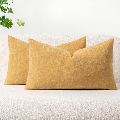 Image of MIULEE Pack of 2 Couch Throw Pillow Covers 12x20 Inch Soft Beige Yellow Chenille Lumbar Pillow Covers for Sofa Living Room Spring Home Decor Couch Solid Dyed Cases