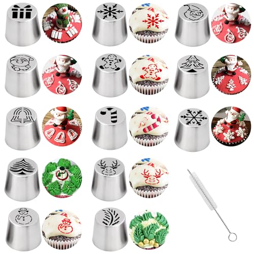 Baipesiy 14-Piece Extra Large Christmas Russian Piping Tips, Stainless Steel Santa Claus, Snowflake, Christmas Tree Designs, For Cake Decorating Flower Nozzles Cookie Dessert Baking Tools