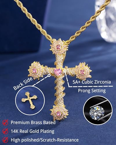 Lulu Mel Iced Out White Gold Plated Cubic Zirconia Stone Cross Necklace With Rope Chain, Trendy Hip Hop Cross Chain Jesus Necklace For Men Women4