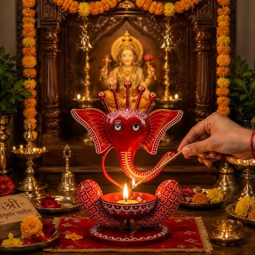 Image of Ganesha Iron Diya Holder - Handpainted Metal Tealight Candle Holder for Home Temple & Pooja Room | 11 Inch Decorative Showpiece, Diwali & Housewarming Gift (Red)