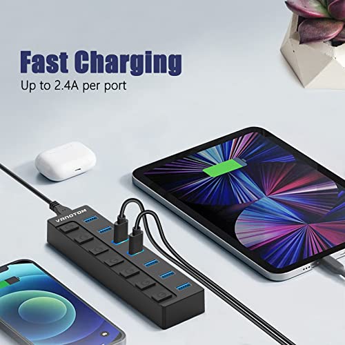 Powered-USB-Hub-VANOTOM-7-Port-Charging-USB-3132-Gen-2-Hub-Superspeed-USB-Splitter-up-to-10Gbps-with-Power-Adapter-and-Individual-OnOff-Switches-for-PC-and-Laptop