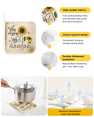 Pot Holder Set Of 2 Sunflower Sunshine Bee Potholder Heat Proof Non-Slip Pot Holders,Yellow Flower On Retro Newspaper Hot Pads Potholders For Kitchen Cooking Baking Bbq #TOP1