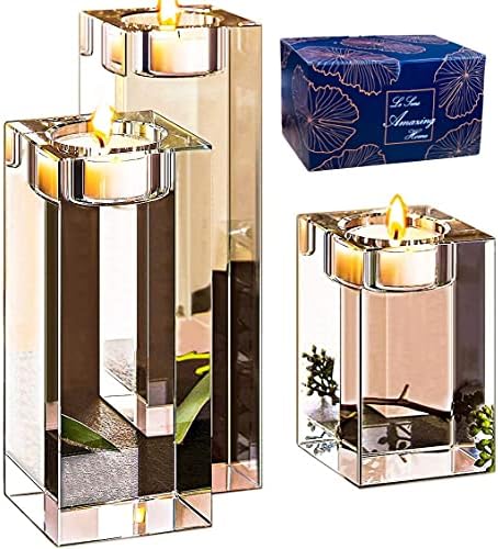 Le Sens Amazing Home Large Crystal Candle Holders Set of 3, 3.1/4.7/6.2 inches Height, Heavy Solid Square Tealight Holders Set Centerpieces for Home Decoration, Wedding