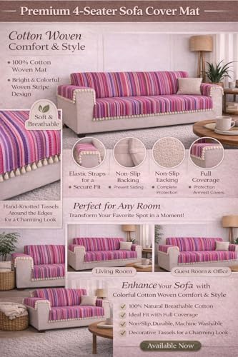 Image of Gifts Island 4 Seater Cotton Sofa Cover Mat | Anti Slip Sofa Cover Throw | All Over Furniture Protector with Elastic Straps | Washable Couch Cover for Living Room (Pink, 4 Seater)