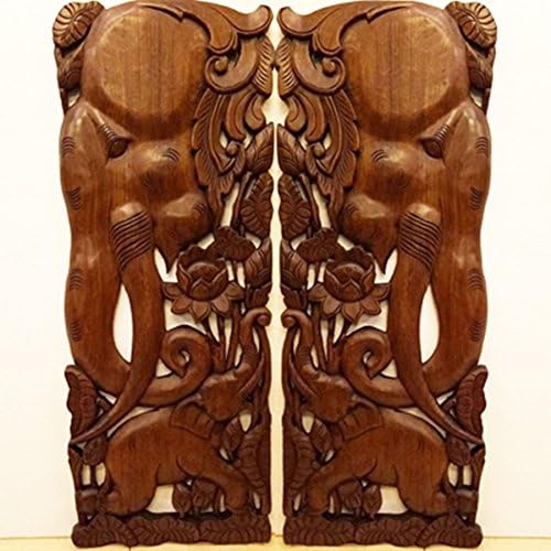 CONSERVE Thailand # 2 pcs, Large Carved Wood Wall Panel. Elephants Wood Carved Wall Decor. (35.5"x13.5"x0.5")