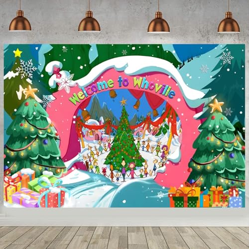 Welcome to Whoville Banner Backdrop Winter Christmas Village Decoration Background Happy New Year Photography Background Xmas Kids Birthday Party Baby Shower Decoration Supplies