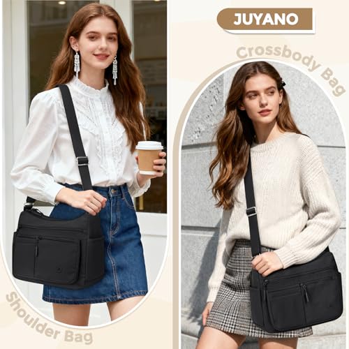 JUYANO Umhängetasche Damen Mittelgroß, Wasserdicht Oxford-Stoff Handtasche Damen Groß Kapazität mit Mehreren Taschen, Leichte Gross Schultertasche Crossbody Bag für shopper Reisen Arbeit Schwarz