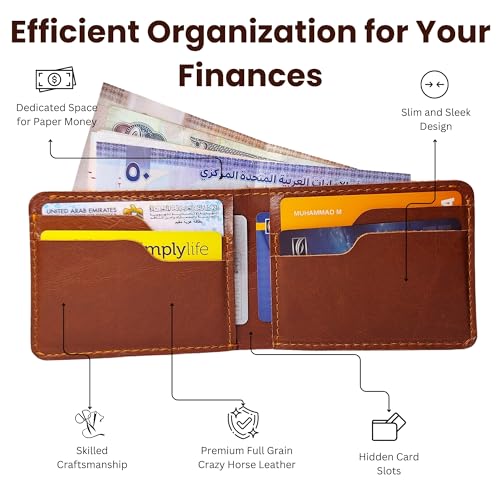 Men's Leather Bifold Wallet, Hand-Crafted Genuine Full Grain Real Animal Hide - Designed for Credit/Debit & Modern Traveler Card Access - Slim Wallet - Tan3