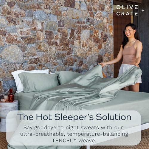 Image of Olive + Crate Tencel Lyocell Eucalyptus Queen Size Sheet Set - Cooling Tencel Sheets for Hot Sleepers with 18 Inch Deep Pocket Fit - Eucalyptus 4-Piece Set