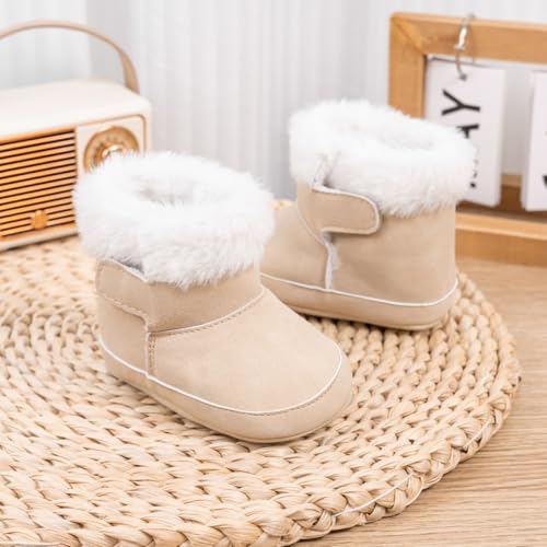 LONSOEN Baby Sherpa Fleece Booties, Soft Sole Crib Shoes for Infant Boys Girls, Faux Suede Warm Booties with Hook & Loop Stay-On Cuff, Newborn Prewalker House Slippers, 0-18 Months2