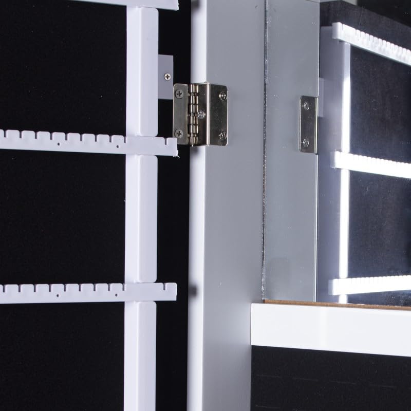 DRW Specchio portagioie da terra con porta in legno in bianco 40,5 x 38 x 161 cm, interno 26 x 110 cm