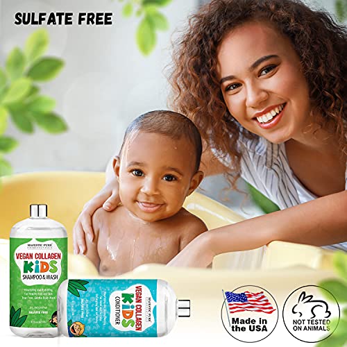 Majestic Pure Kids Shampoo Conditioner Set - with Vegan Collagen- Kids Shampoo and Body Wash - Sulfate Free - Tear & Tangle Free Formula with Naturally Derived Ingredients - Made in USA -16 fl oz each