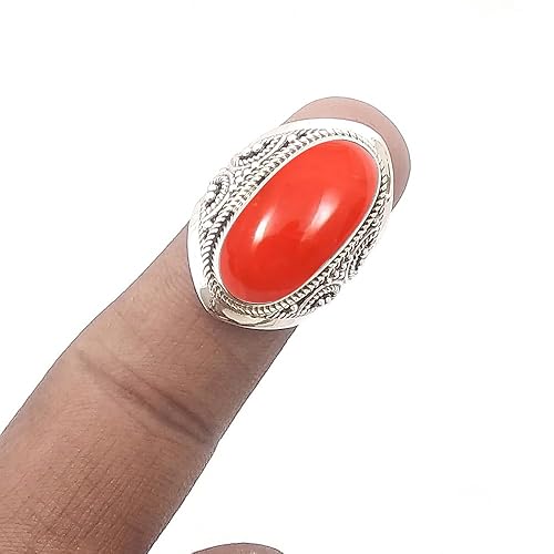 Fine Sterling Silver Ring For Womens Coral Ring Sterling Silver Anniversary Ring Bezel Set Gemstone Ring