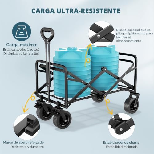 Miniatura 4 de 100L Carro Plegable Playa, Carro Playa Ruedas Grandes de Alta Capacidad de Carga, Ruedas Grandes Todoterreno, Capacidad 100KG Carrito de Playa para Jardín, Camping, Compras, Negro