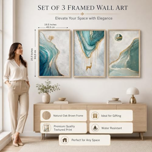 Image of Livin'luxe Set of 3 Blue Marble Deer Abstract Wall Paintings for Living Room Bedroom Home Decor with Premium Wooden Color Synthetic Frame (25.5 x 19.5 Inch) NM03-97