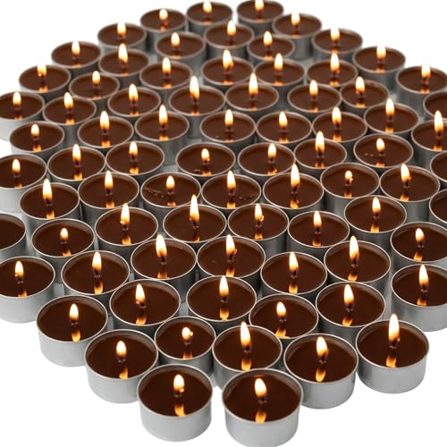 Image of Unscented Tea Light Candles | Soy Wax Blend Long-Lasting with Cotton Wick | Perfect for Home Decor, Parties, Weddings, and More | Set of 100 (Brown)