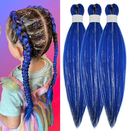 Blue Tinsel Kids Braiding Hair Pre stretched for Glitter Braids Non Toxic