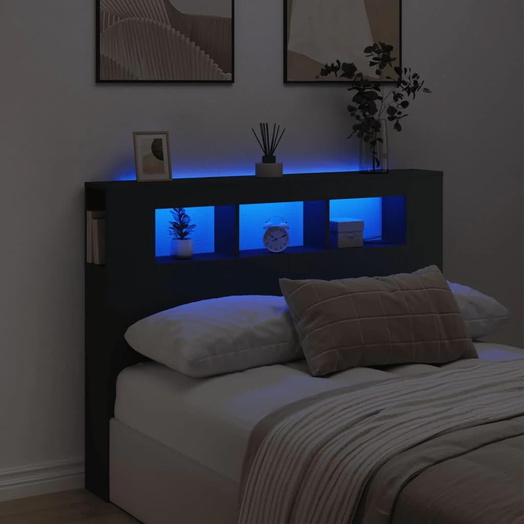 vidaXL LED Kopfteil, Bettkopfteil mit LED-Leuchten, Betthaupt mit Ablagen, Bettzubehör Schlafzimmer, Schwarz 140x18,5x103,5cm Holzwerkstoff