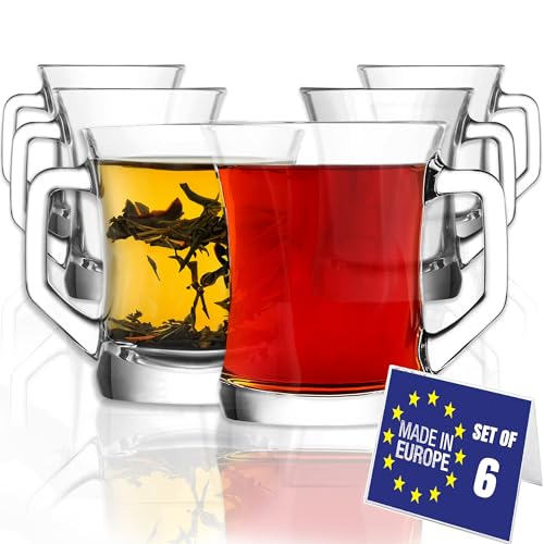 NORDIC SCHILLER Tasse a Cafe en Verre Avec Anse, 220ml, Lot de 6 100% SANS PLOMB Verres à Café, Tasse à Thé, Verres à Thé et à Café Latte Macchiato...