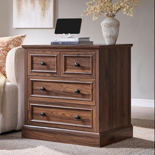 Image of ACCOHOHO 26 inch W Nightstands Set of 2, Farmhouse End Table with 4 Drawers for Storage, Nightstand with Charging Station for Bedroom, Brown