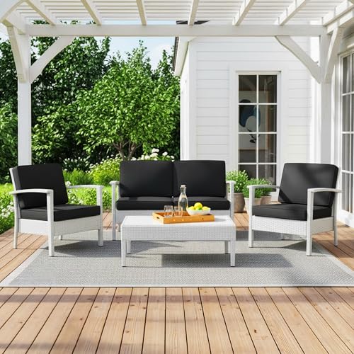 Image of DEVOKO Marbella 4 Piece Outdoor Wicker All Weather Balcony, Indoor, Porch, Garden, Terrace Patio Furniture Set with Cushion (White & Black)