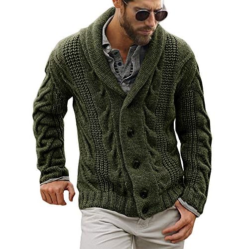Mens Cable Knit Cardigan Sweater Shawl Collar Loose Fit Long Sleeve Casual Cardigans