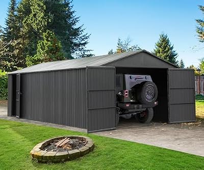 Domi 12x25FT Outdoor Metal Garage Shed, Extra Large Carport with Skylights & Dual-Entry, Backyard Storage Shed for Car, Truck, Lawn Mower and Tool, Dark Grey