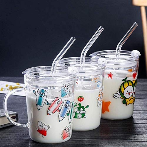 Image of ANKUL Leakproof Random Design Glass Measuring Drinking Mug 350ml with Handle and Clear Lid with Straw for Girls & Boys Multiple Usage (1, Kid Mug)