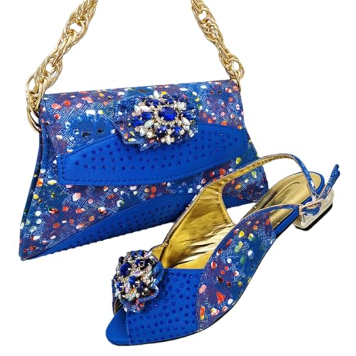 Fjnbbiot Stitching Decoration Women's Bag with Nigerian African Women Rhinestone Decoration Heels Shoes