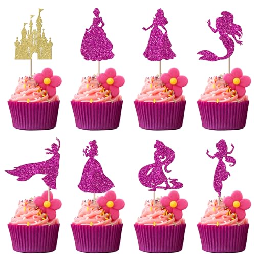 Xsstarmi 24 Pack Magical Princess Theme Cupcake Toppers Glitter Ice Elsa Bella Castle Mermaid Princess Cupcake Picks Decoration for Princess Theme Girls Birthday Party Cake Decorations Rose Red