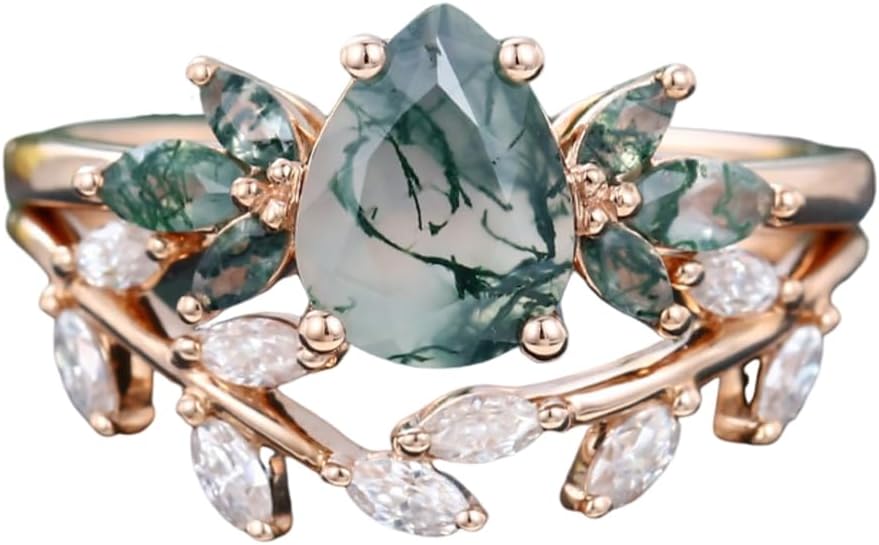 10K 14K 18K Rose Gold 2CT Natural Moss Agate Engagement Ring Set for Women 925 Sterling Silver Genuine Pear/Round/Hexagon Green Moss Agate Leaf Art Deco Bridal Wedding Ring Set (Size 4-15)