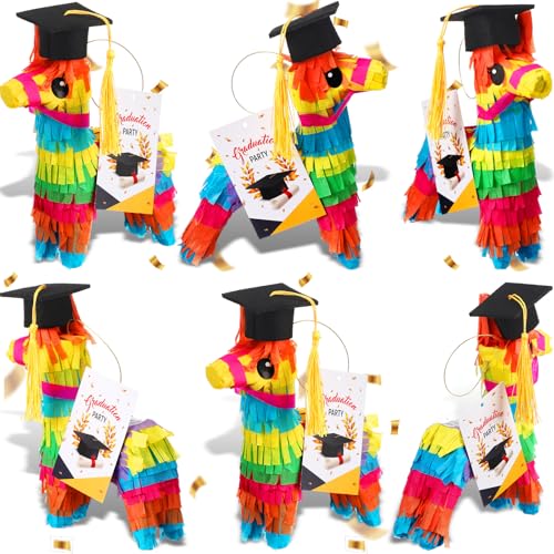 Poen 6 Sets Graduation Donkey Piñata 2026 with Cap 7" x 3.5'' Rainbow Donkey Piñatas for Graduation Party Decorations Mini Graduations Hat and Card for Classroom Gifts Fiestas Party Supplies