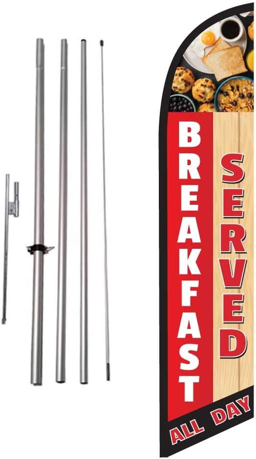 Breakfast Served All Day Restaurant Advertising Feather Banner Swooper Flag Sign with Flag Pole Kit and Ground Stake