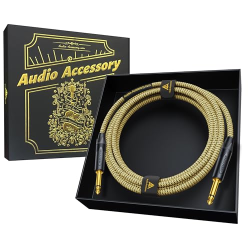 AA AUDIO ACCESSORY Gold Series Guitar Cable 10 ft (Gold-Plated Neutrik Connectors) 16 AWG, Kevlar Reinforced Braided 1/4 Instrument Cord for Electric Guitar Amp Bass, 100% Shielded, Yellow/Black