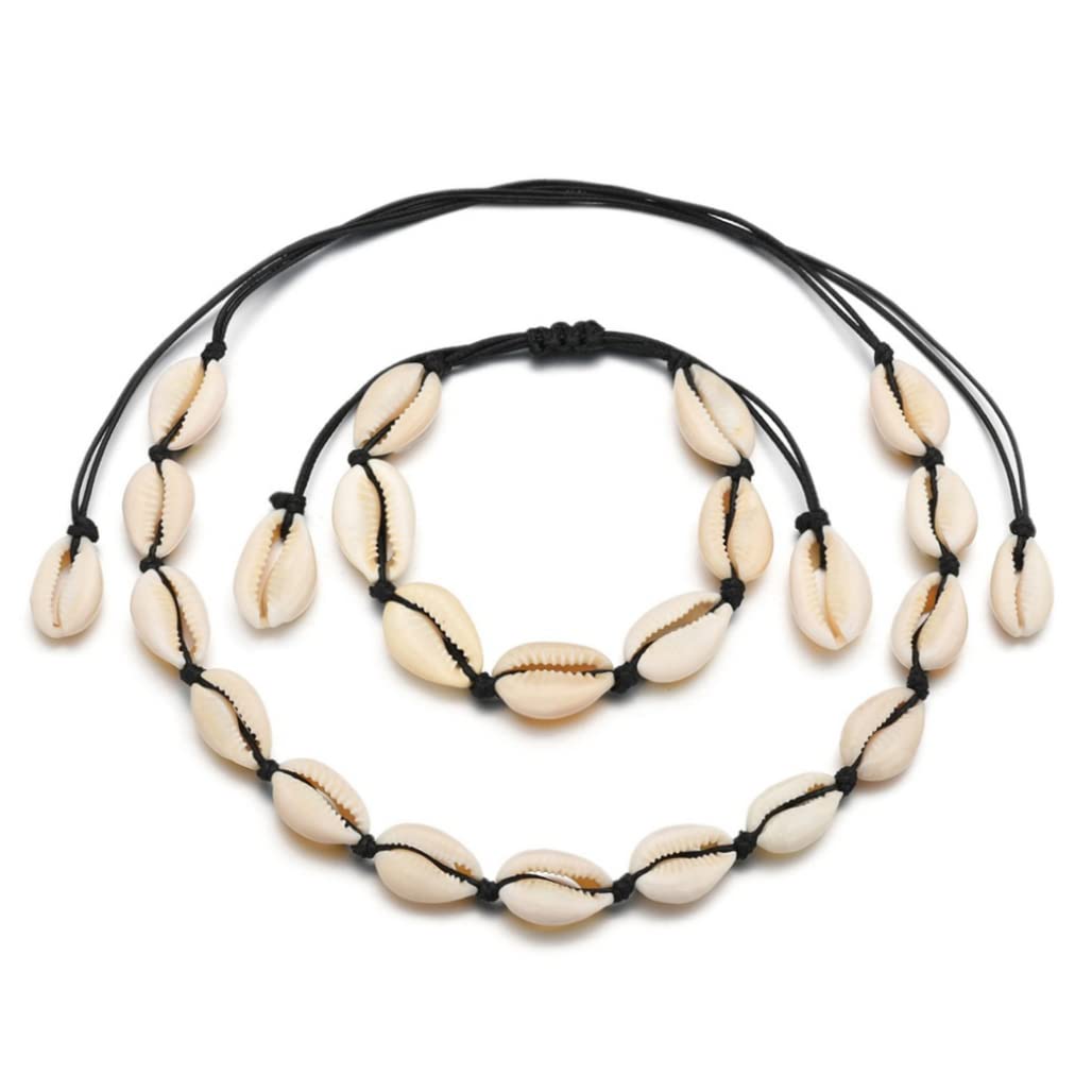 MILEVO Collane, Ciondolo, 1 Set Collana Conchiglia Naturale Bracciale Regolabile Collana Girocollo Conchiglia Hawaiana Gioielli Fatti A Mano con Corda for La Spiaggia Estiva (Nero),Collana