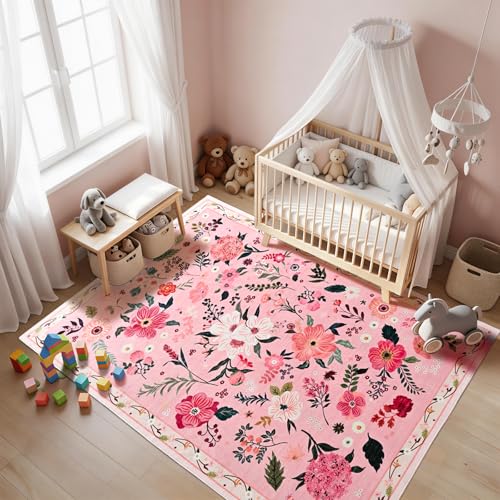 Terrug Floral Washable Area Rug for Bedroom, 4x6 Pink Rug Boho Ultra-Thin Rugs for Entryway, Soft Non Slip Carpet Vintage Rug for Living Room, Entry, Kitchen, College Dorm, Dining Room, Nursery